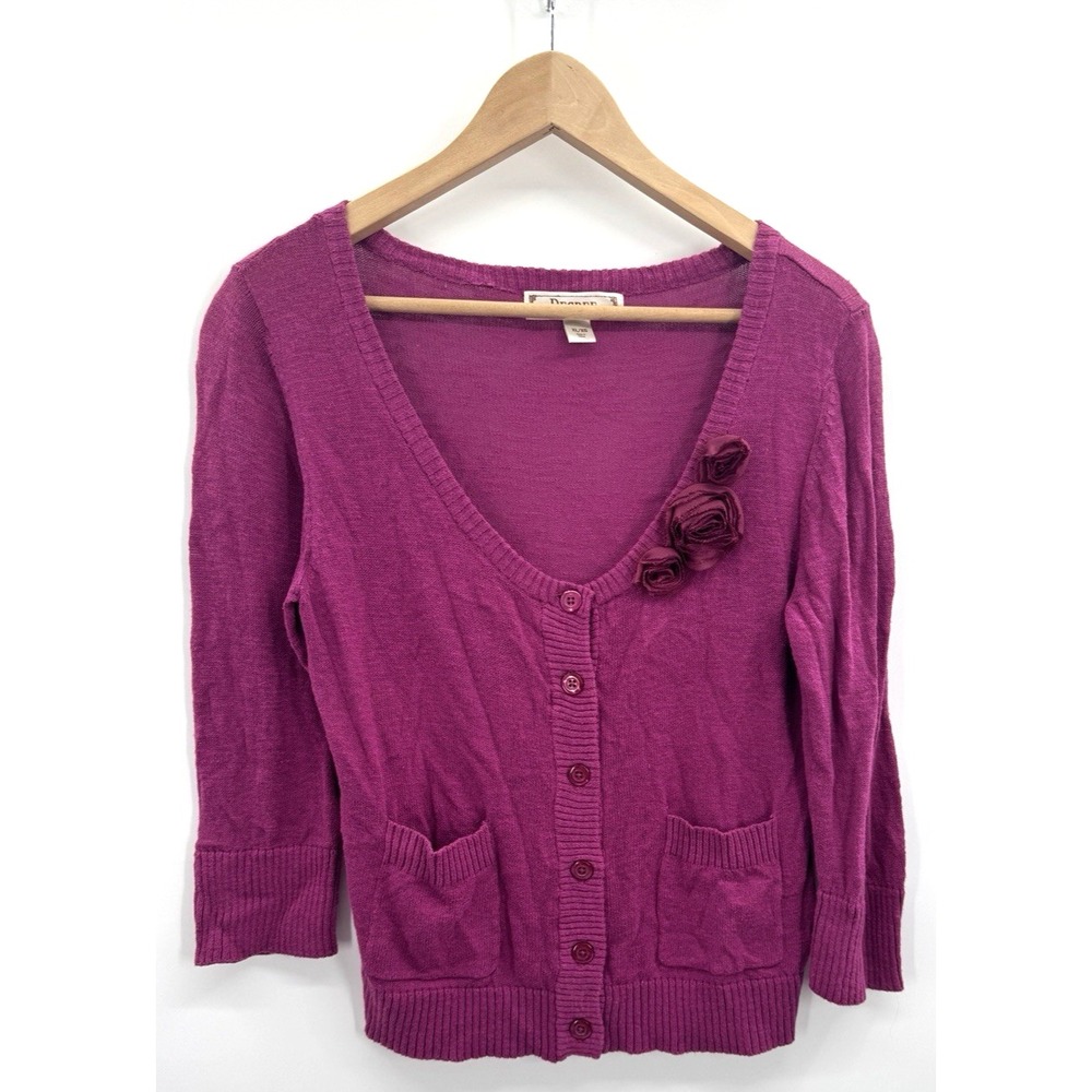 VTG Y2K Cardigan XL Scoop Neck Cropped 3/4 Sleeve Rosette Cottagecore Layers